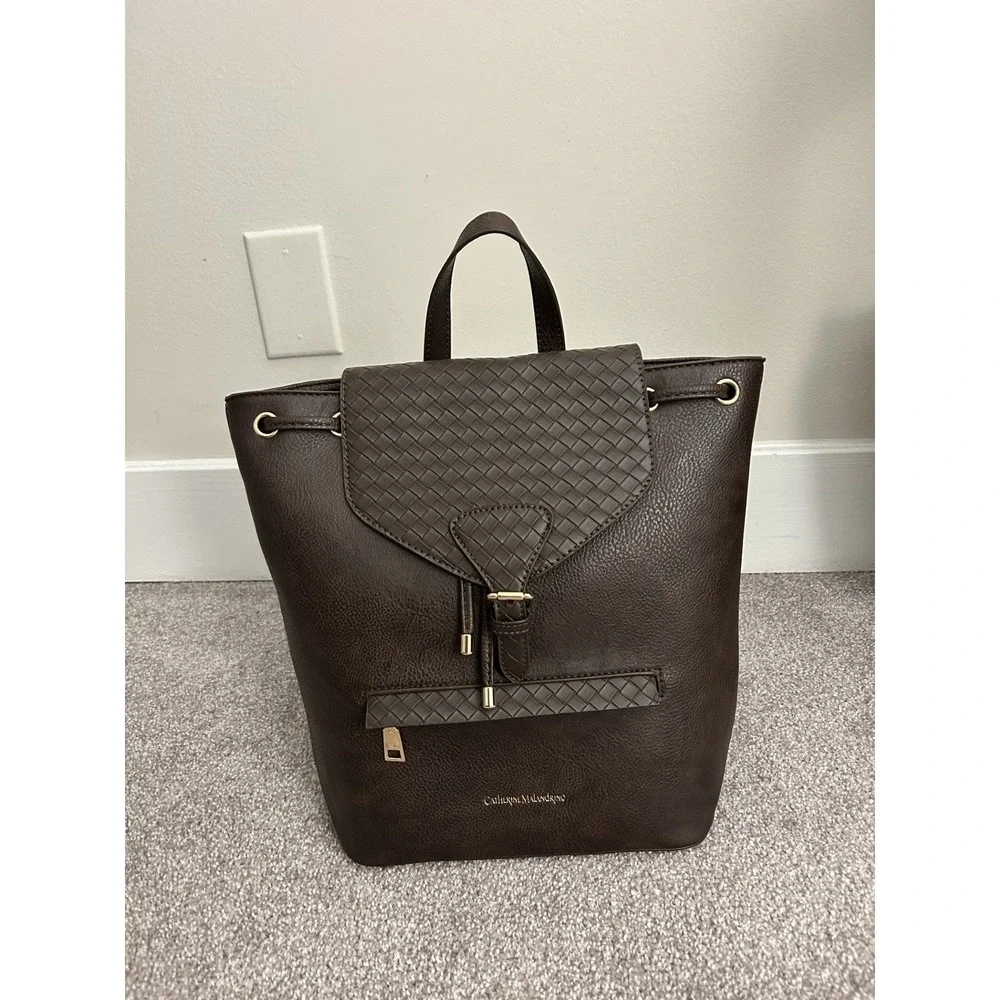 Catherine Malandrino Backpack Womens OS Brown New Woven Faux Leather Drawstring